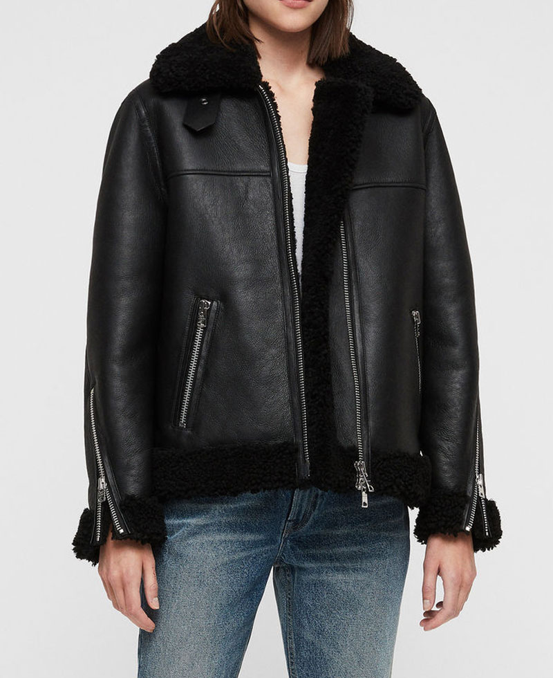 Women's Shearling Bomber Black Leather Jacket